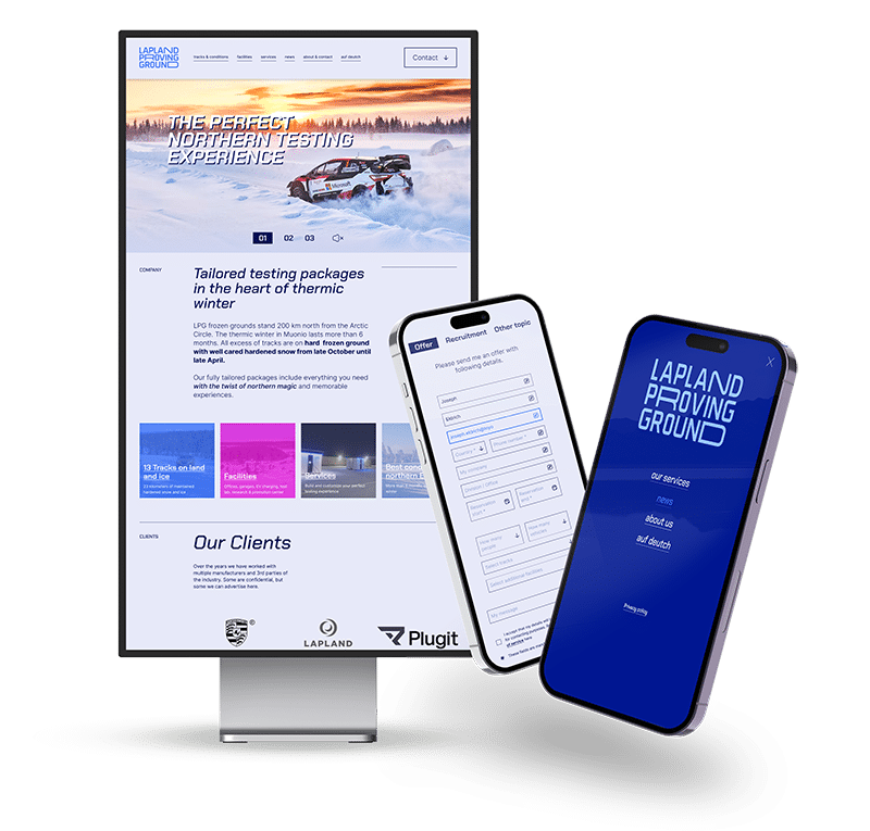 Mockup image showcasing the responsive website design for Lapland Proving Ground. The desktop screen displays the homepage featuring a rally car driving through snow, with headings like "The Perfect Northern Testing Experience" and sections highlighting services and client logos. Two smartphones show different views: one features a contact form, while the other displays a dark blue mobile menu with navigation links. The branding for Lapland Proving Ground is visible across all devices.